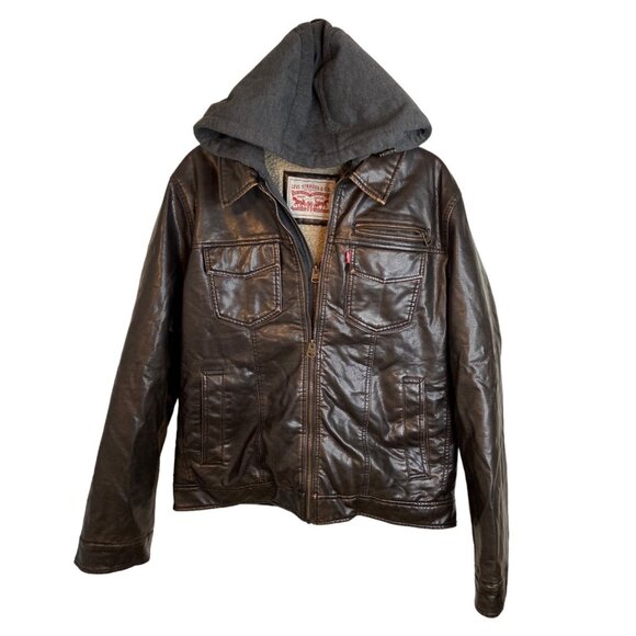 Levi's men vegan leather bomber flight jacket‎ brown hooded Sherpa